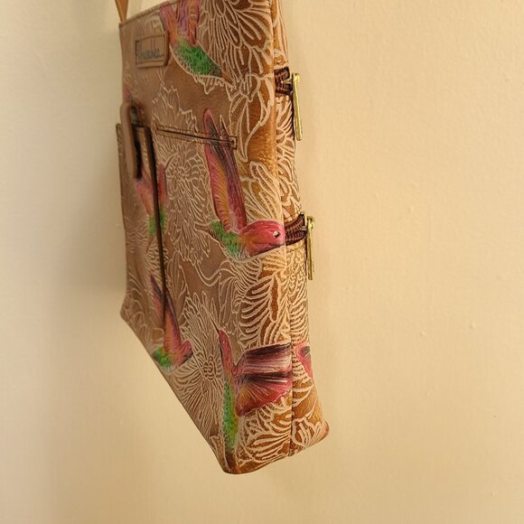 Anuschka Medium Crossbody With Double Zip Pockets Tooled Birds Tan - Picture 4 of 12